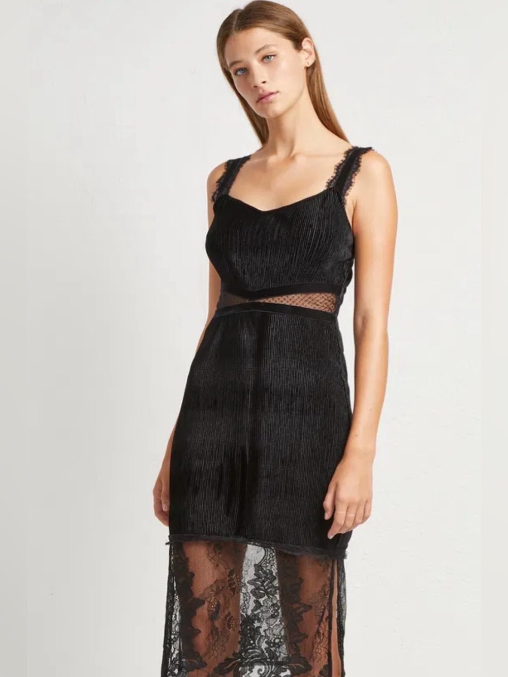 NWT French Connection Black Lace-Trim Midi Dress. Sexy, lace accents! SIZE 4